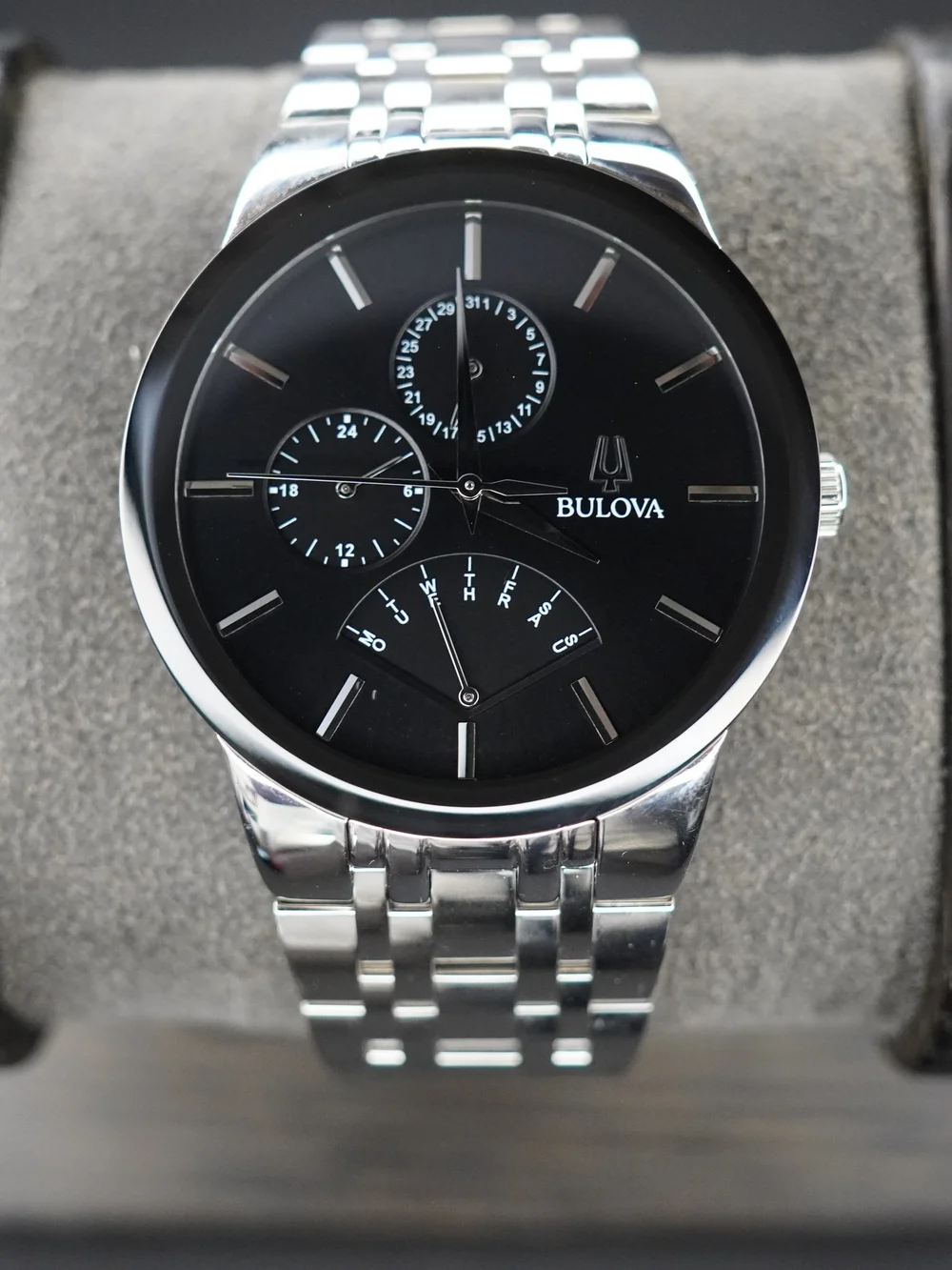 Bulova 96C144 Quartz Multifunction Day-Date Black Dial Stainless Steel Watch